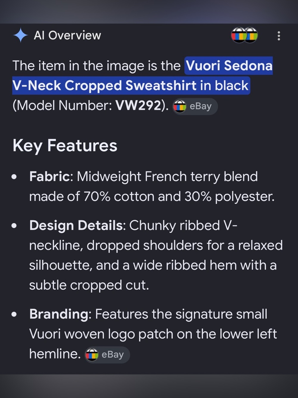 💞 EUC Vuori Sedona V-Neck Cropped Sweatshirt - Black - Sz Medium - Picture 9 of 9